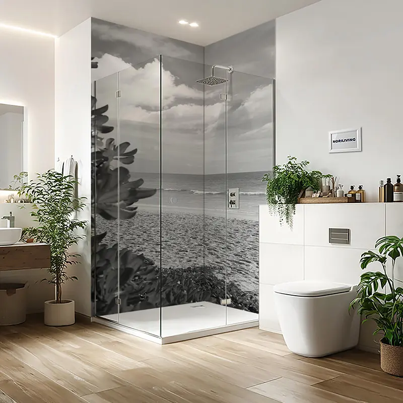 Duschrückwand Aluverbund tropischer Strand 737 schwarz-weiß