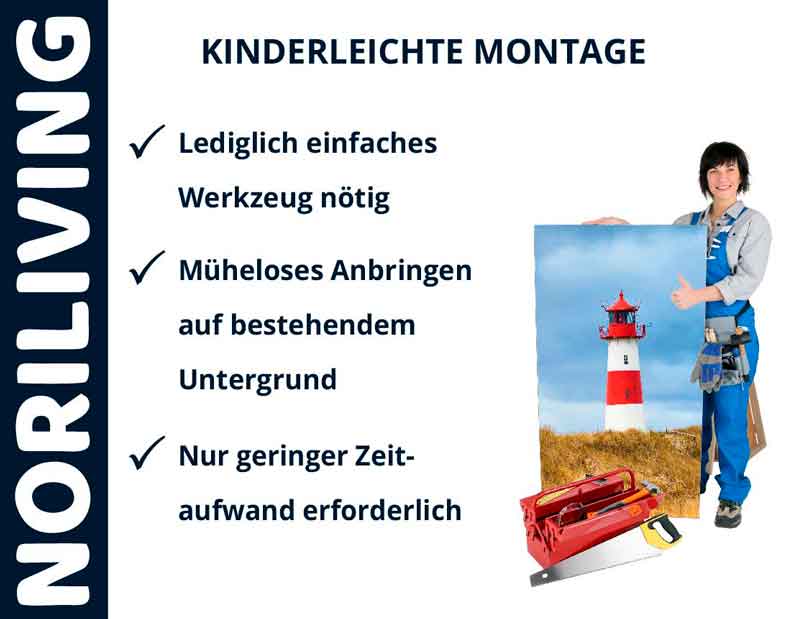 Person mit Werkzeugkiste zeigt Poster mit Leuchtturm, kinderleichte Montage von NORILIVING