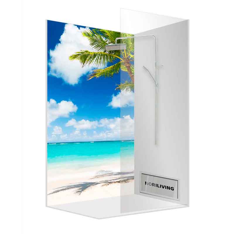 Glasdusche mit Strand- und Palmenmotiv im Hintergrund