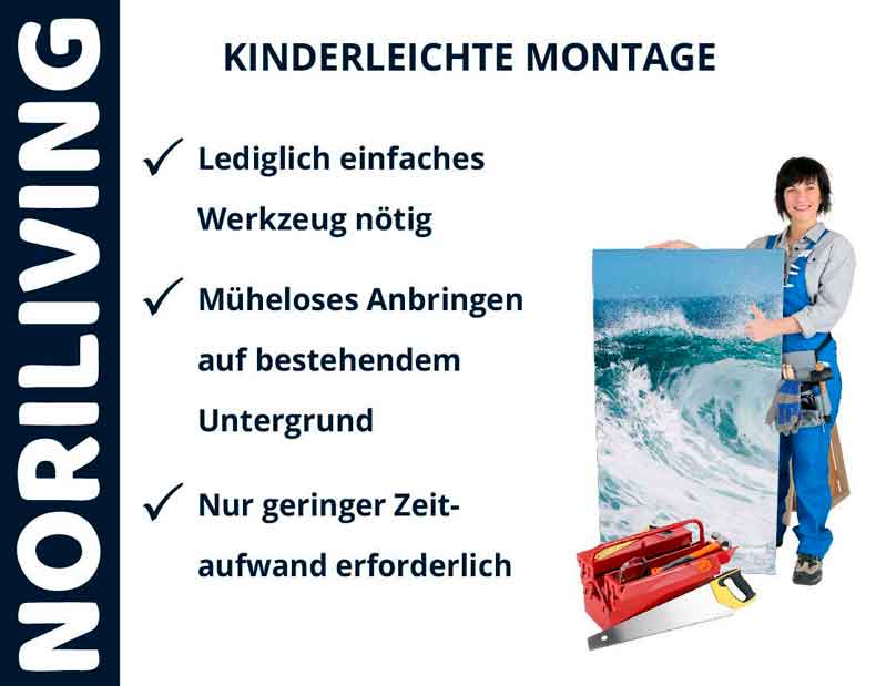 Kinderleichte Montage mit NORILIVING - Einfach, schnell und effizient Frau präsentiert einfach montierbares Wandbild mit kinderleichter Montage von NORILIVING