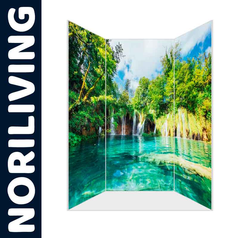 Dreiteiliger Raumteiler mit einem Bild von Wasserfällen und grünem Wald, entworfen von Noriliving