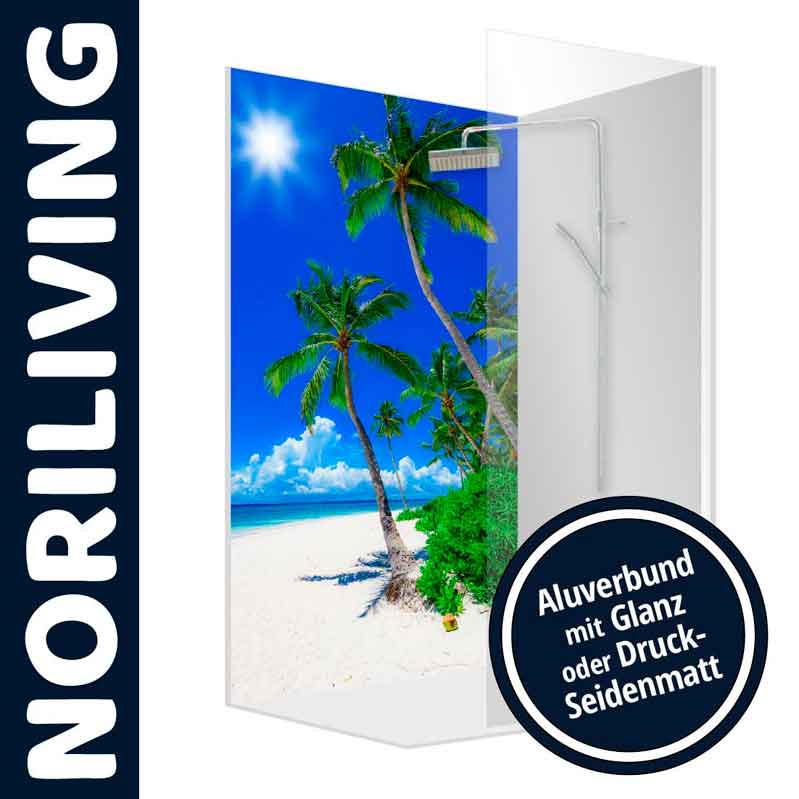 Duschwand aus Alu-Verbund mit tropischem Strandmotiv, glänzend oder seidenmatt, von Noriliving