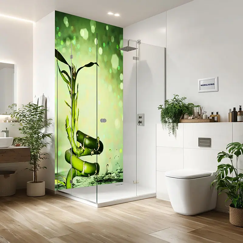 Duschrückwand Einzel | Ecke | Alu Bambus mit Wassertropfen 486