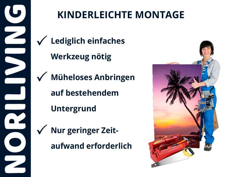 Person mit Sonnenuntergang-Wandbild und Montagewerkzeug, einfache Installation hervorgehoben