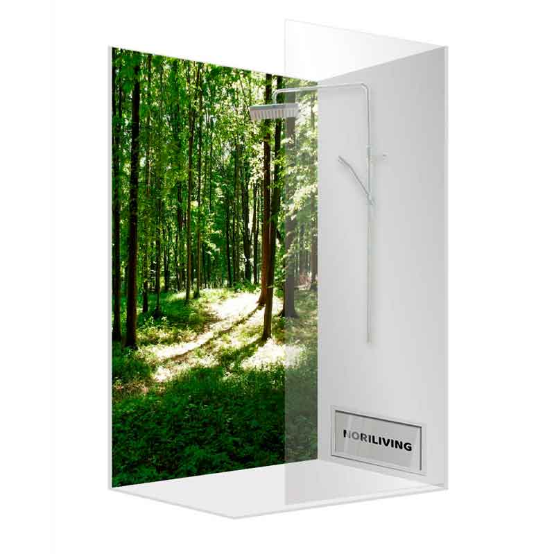 Duschkabine mit Walddesign für ein natürliches Duscherlebnis Moderne Duschkabine mit Waldmotiv auf der Glastür, ideal zur Schaffung eines Naturambientes im Badezimmer
