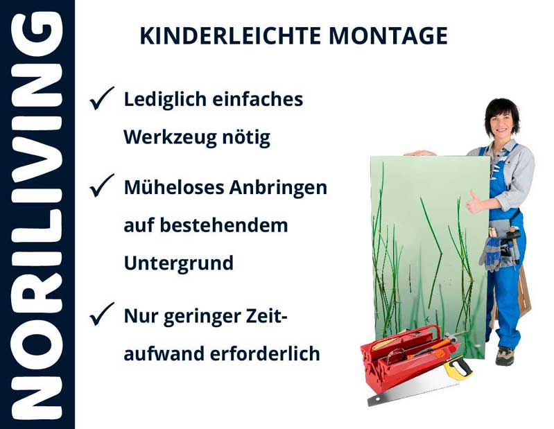 Einfache Montage von NORILIVING-Produkten mit minimalem Aufwand Frau mit Werkzeug und NORILIVING-Bausatz demonstriert einfache Montage, benötigt nur einfaches Werkzeug und wenig Zeit