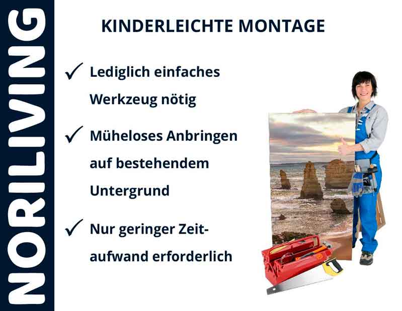 Einfache Montage von Noriliving Produkten - Wenig Werkzeug, geringerer Zeitaufwand Werbung für Noriliving: Einfache Montage. Person mit Werkzeug und Bild, kinderleicht zu montieren. Geringe Zeit und einfaches Werkzeug notwendig.