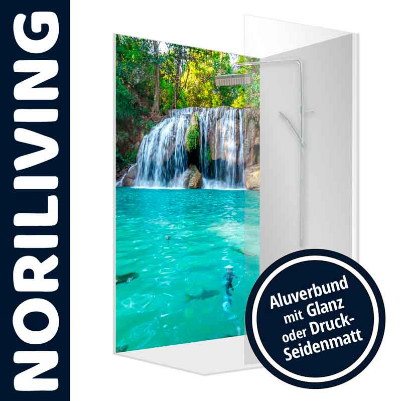 Duschwand mit Wasserfall-Motiv aus Aluverbundmaterial in Glanz oder Seidenmatt von Noriliving