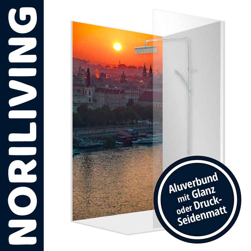 Duschrückwand mit Stadtansicht und Sonnenuntergang - Aluverbund in Glanz oder Matt Duschrückwand von NORILIVING mit Stadtpanorama und Sonnenuntergang, erhältlich in Glanz oder seidenmatter Oberfläche.