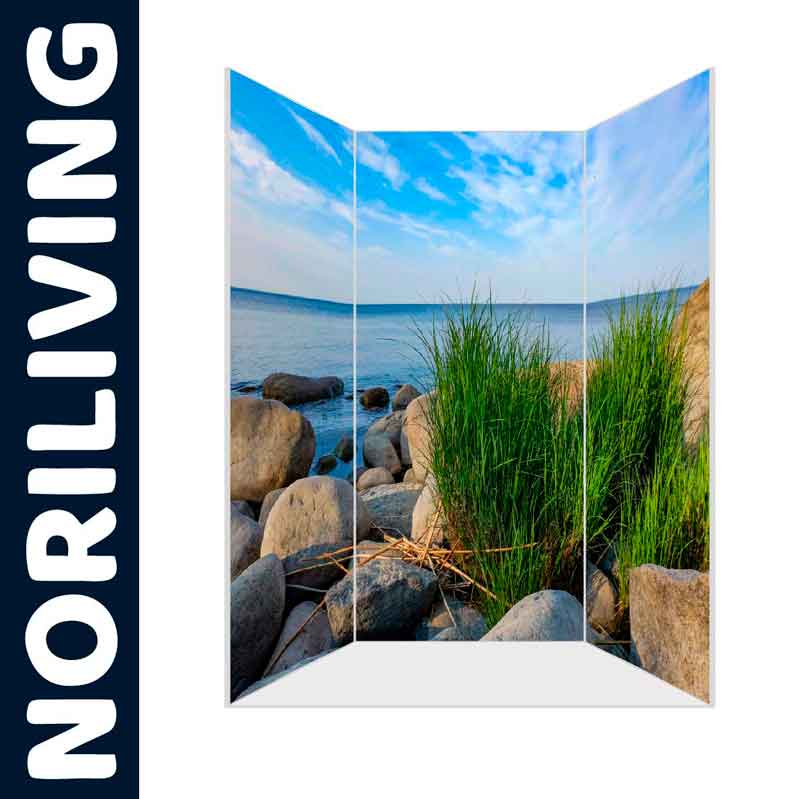 Raumteiler mit Strandmotiv und Steinen von NORILIVING Dekorativer Raumteiler mit Strandmotiv, Steinen und Gräsern von NORILIVING