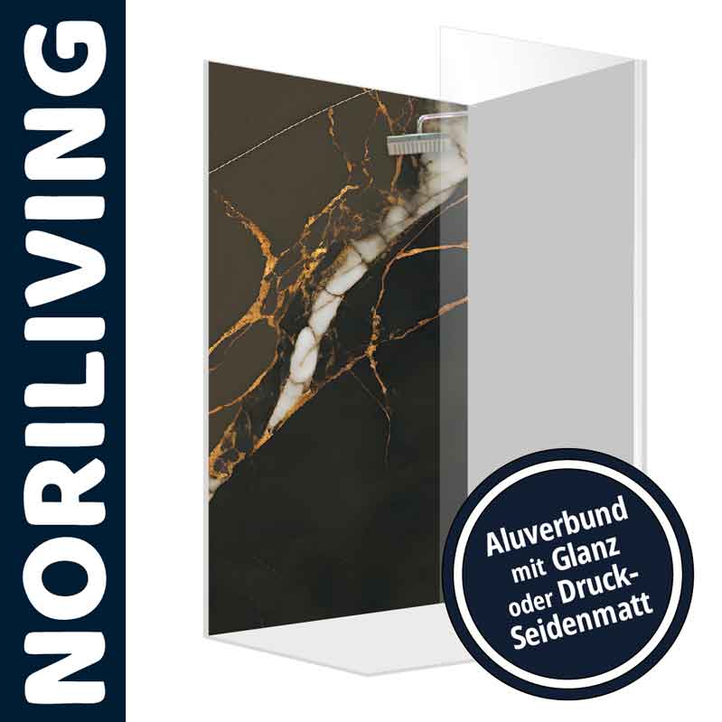 Schwarze und goldene Marmor-Duschwand von Noriliving aus Aluverbund mit glänzender oder seidenmatter Oberfläche