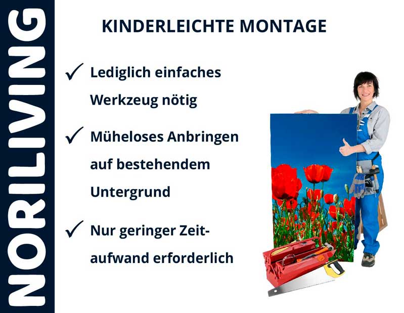Person mit blauem Overall hält Bild von roten Mohnblumen. Text: 'Kinderleichte Montage - Lediglich einfaches Werkzeug nötig, müheloses Anbringen auf bestehendem Untergrund, nur geringer Zeitaufwand erforderlich'