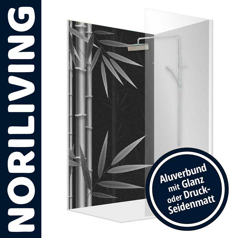 Moderne Duschrückwand mit Bambusmotiv und Aluverbund, erhältlich in glänzender oder seidenmatter Ausführung