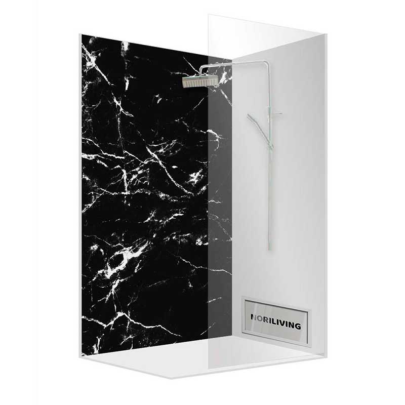 Duschkabine mit schwarzem Marmor-Design und Glastür