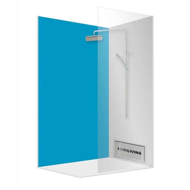 Moderne Duschkabine mit blauer Glaswand Duschkabine mit blauer Glaswand und Regenduschkopf
