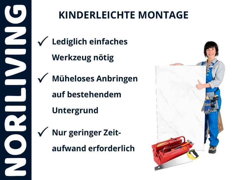 Frau neben großem Materialstück und Werkzeug; kinderleichte Montage mit geringem Zeitaufwand