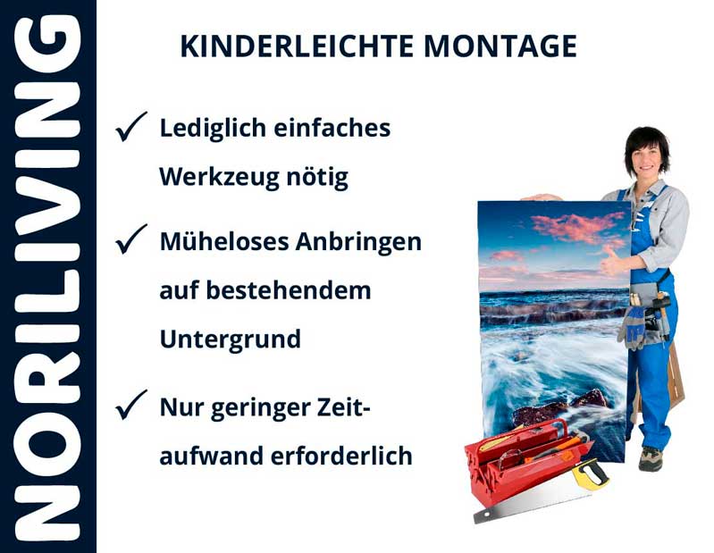 NORILIVING - Kinderleichte Montage von Wanddekorationen Person hält ein Bild; kinderleichte Montage mit einfachem Werkzeug und geringem Zeitaufwand; Firmenlogo NORILIVING