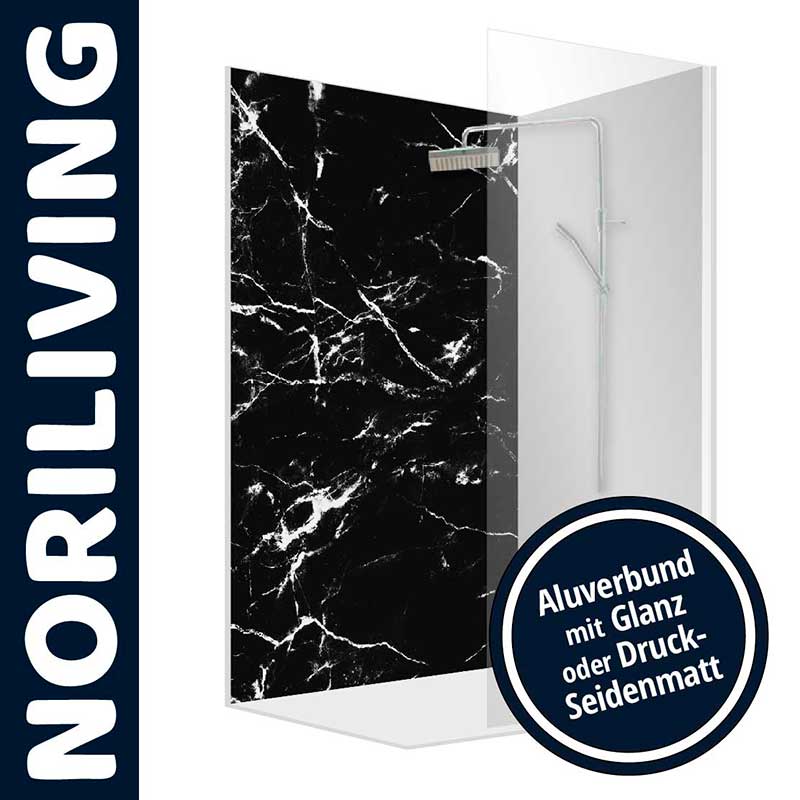 Duschwand mit schwarzem Marmordesign und Aluverbund von NORILIVING, erhältlich in Glanz oder Druck-Seidenmatt.