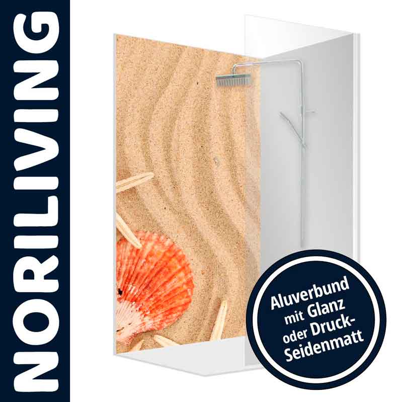 Spritzschutz mit Strandmotiv aus Aluverbund Spritzschutz für die Küche mit Strandmotiv und Muschel, Aluverbund mit Glanz oder Druck-Seidenmatt