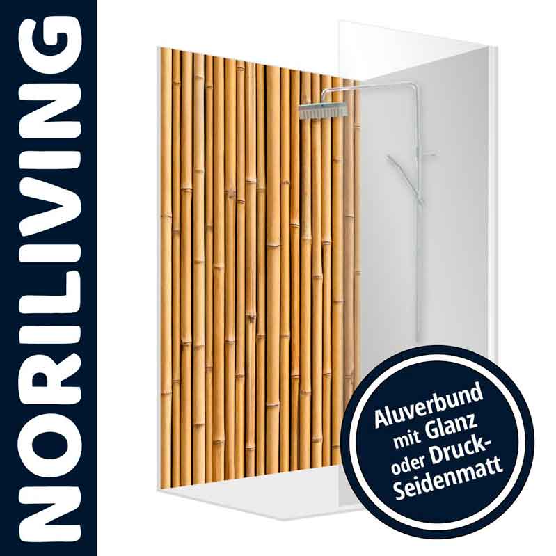 Duschabtrennung im Bambus-Stil von Noriliving aus Aluverbund, wahlweise in Glanz oder Druck-Seidenmatt erhältlich.
