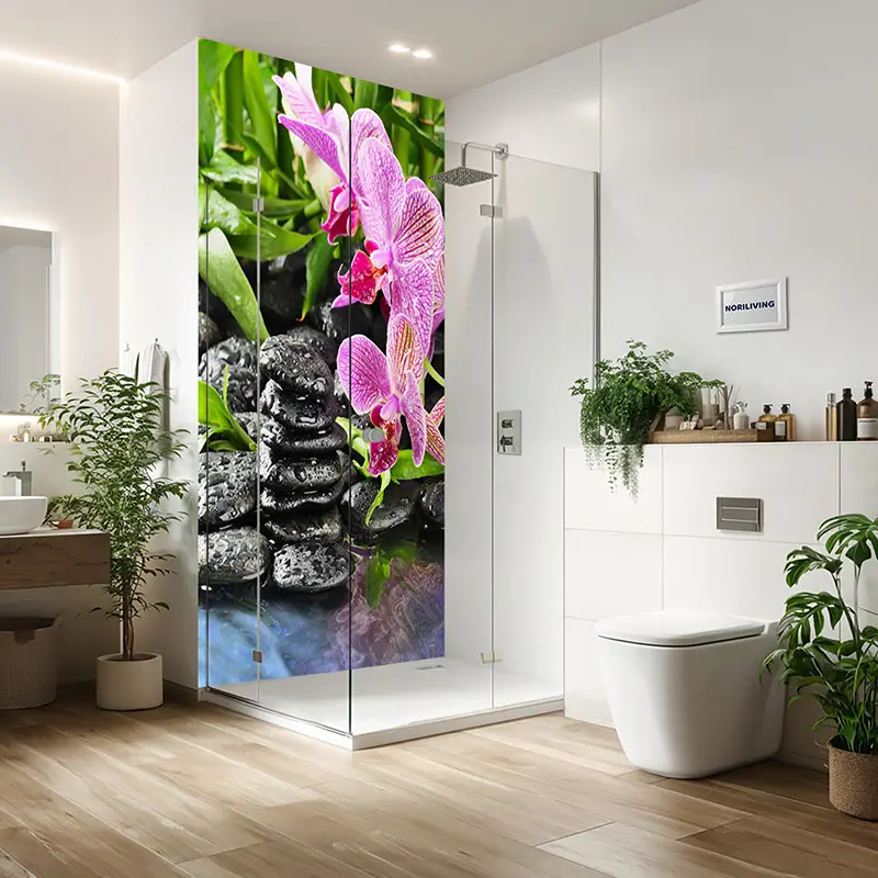 Duschrückwand Einzel | Ecke | Alu Zen Steine mit Orchideen 701