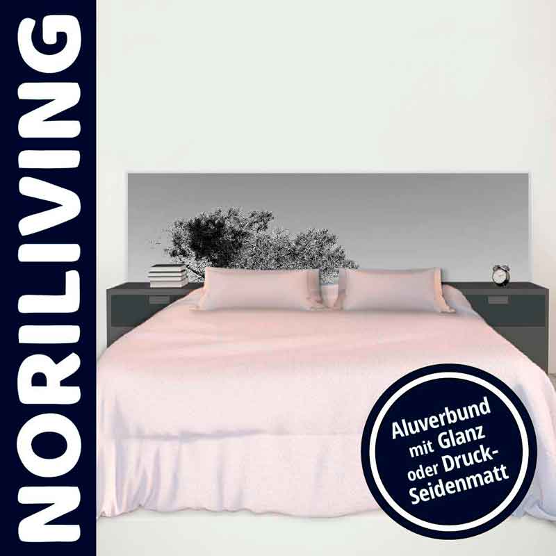 Schlafzimmer mit elegantem Bett und Aluverbund-Kopfteil, erhältlich in Glanz oder Druck-Seidenmatt von NORILIVING