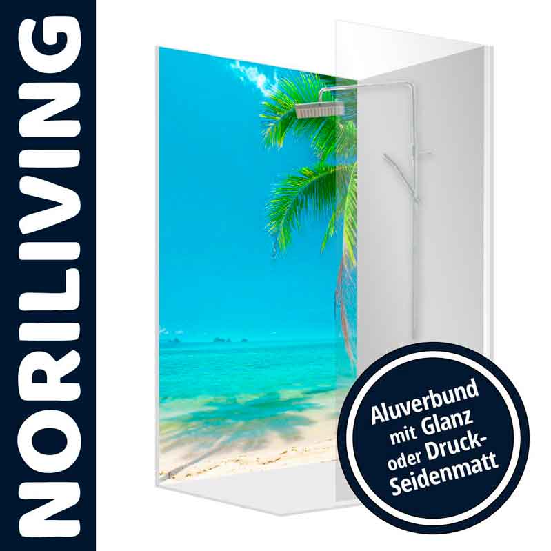 Noriliving Duschwand mit Strandmotiv - Aluverbund Glanz oder Seidenmatt Duschwand mit tropischem Strandmotiv von Noriliving, erhältlich in Aluverbund mit Glanz oder Seidenmatt