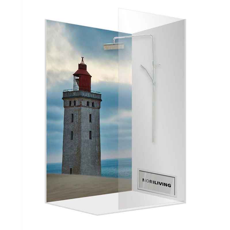 Moderne Duschkabine mit maritimem Leuchtturm-Design auf Glaswand