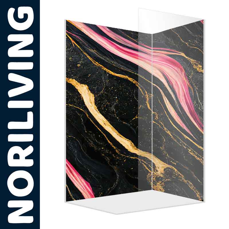 Duschvorhang mit elegantem Marmor-Design, kombiniert Schwarz mit goldenen und rosa Akzenten, von NORILIVING