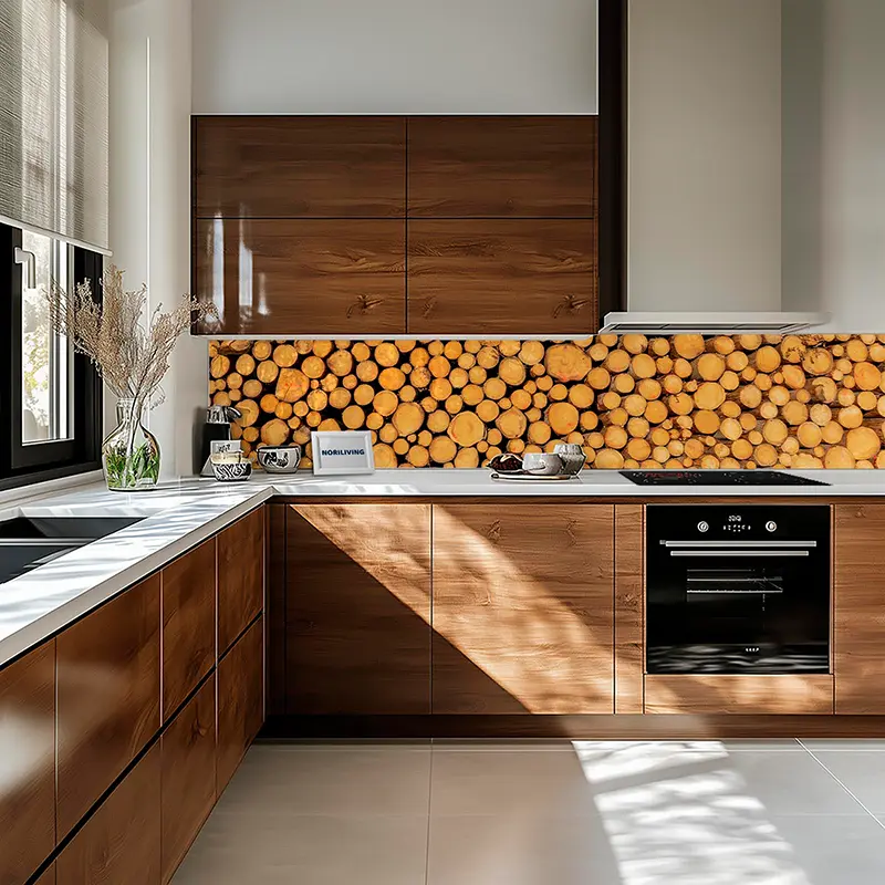 Helle Küchenzeile mit Holzschränken und Baumstamm-Rückwand