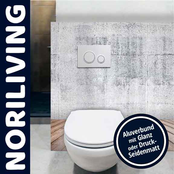 Moderne Wand-WC-Kombination von NORILIVING mit Aluverbund und Druck-Seidenmatt-Finish Wand-WC von NORILIVING mit Aluverbund und glänzendem oder druck-seidenmattem Finish vor stylischer Betonwand montiert.