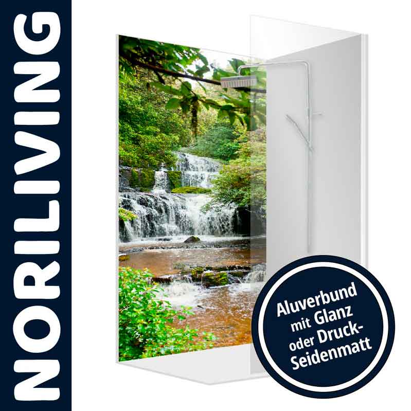Duschwand mit Wasserfall-Motiv von NORILIVING, erhältlich in Glanz oder Druck-Seidenmatt.
