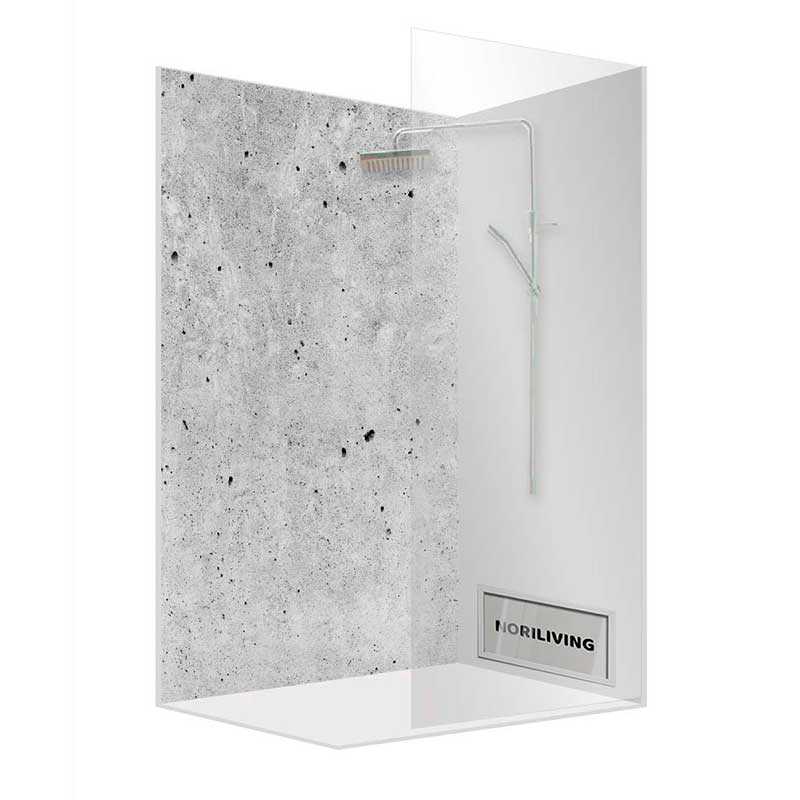 Moderne Eckdusche mit Betonoptik-Wand Eckdusche mit grauer Betonoptik-Wand und stilvollem Duschkopf