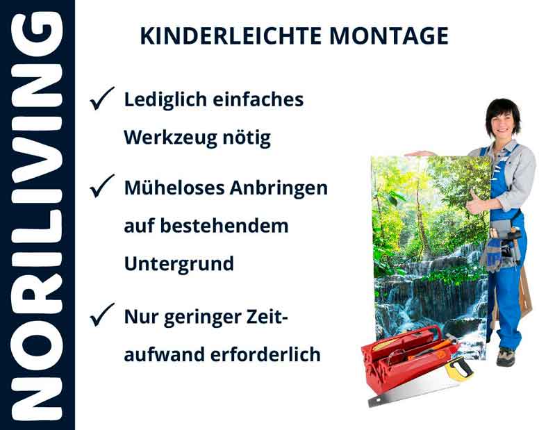 Frau montiert Kunstdruck mit einfachen Werkzeugen, NORILIVING kinderleichte Montage, müheloses Anbringen, geringer Zeitaufwand