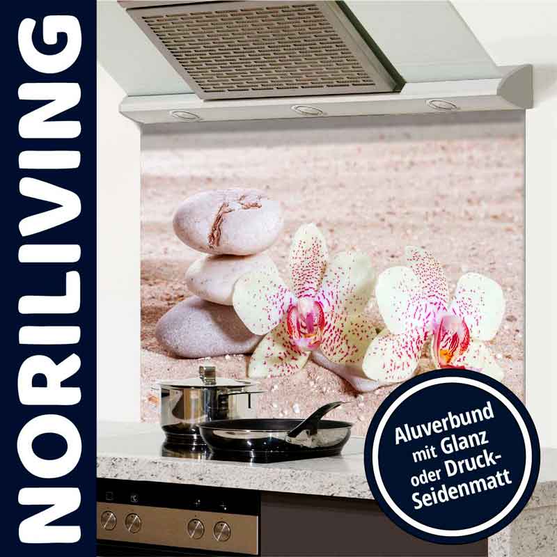 Dekoratives Küchen-Wandpaneel mit Orchideen und Steinen, gefertigt aus Aluverbundmaterial mit Glanz- oder Seidenmatt-Oberfläche