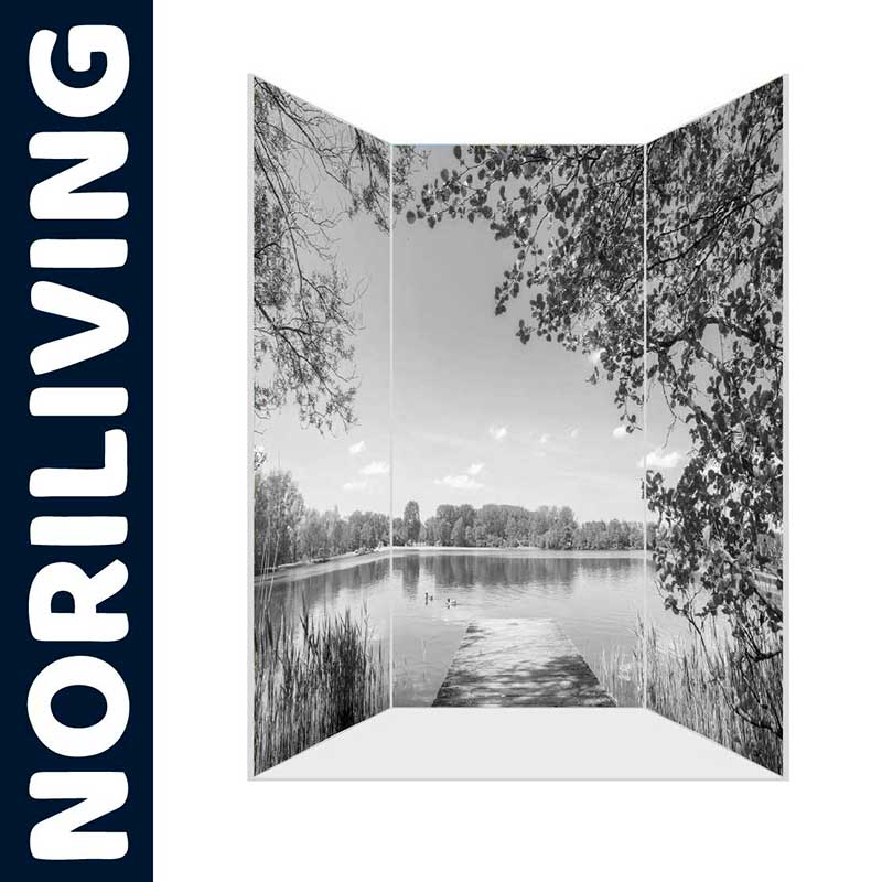 Raumteiler mit See-Landschaftsmotiv - NORILIVING Dekorativer Raumteiler mit Schwarz-Weiß-Bild eines Sees und Bäumen, Marke NORILIVING