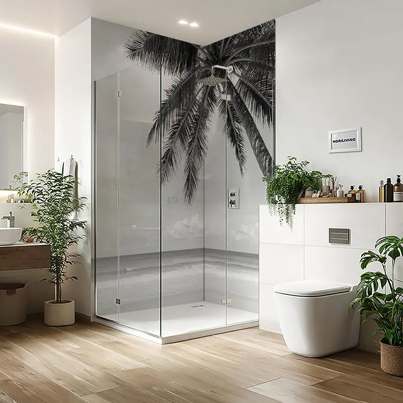 Duschrückwand Aluverbund schöner Strand und tropisches Meer mit Palme 433 schwarz-weiß