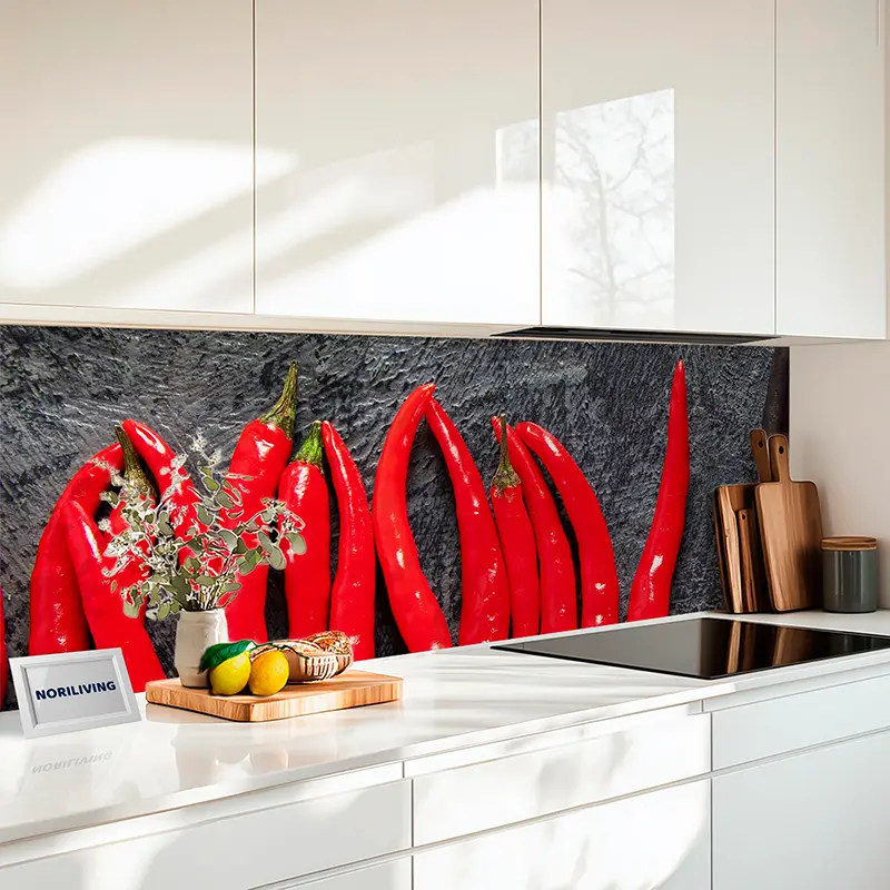 Moderne weiße Küche mit Chili-Motiv Rückwand