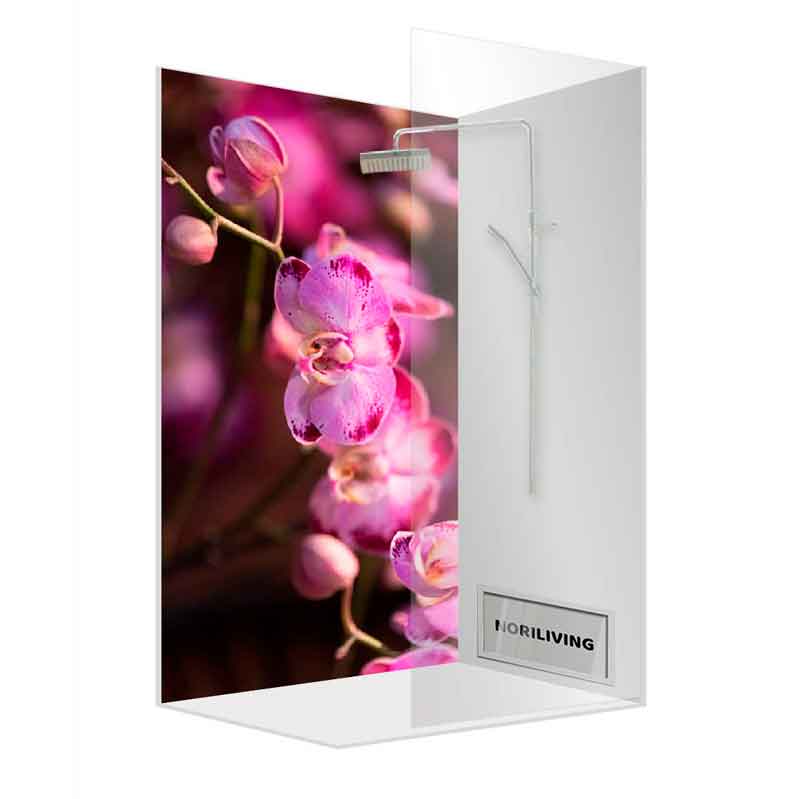 Duschkabine mit großflächigem Bild einer rosa Orchidee