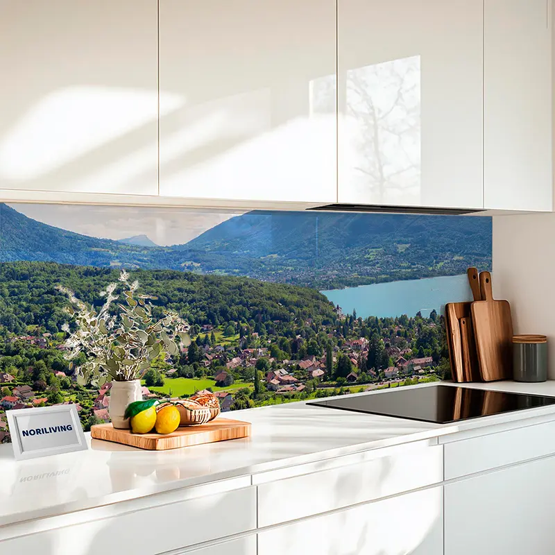 Küchenrückwand Alu Blick auf die Berge vom Schloss Menthon in der Haute-Savoie 899