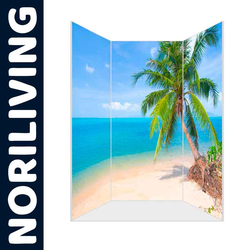 Dekorativer 3-Panel-Raumteiler mit einem tropischen Strandmotiv und Palmen, entworfen von Noriliving