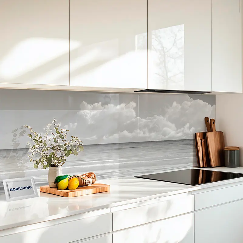 Küchenrückwand Echtglasoptik Profiline Palmenstrand Karibik 360 schwarz-weiß