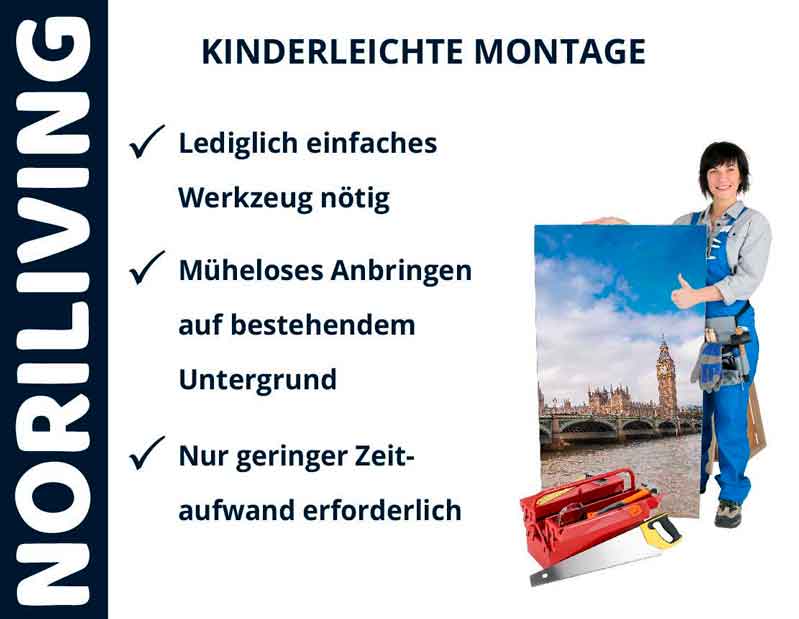 Montageanleitung von Noriliving mit einfacher Werkzeugliste, mühelosem Anbringen und geringem Zeitaufwand.