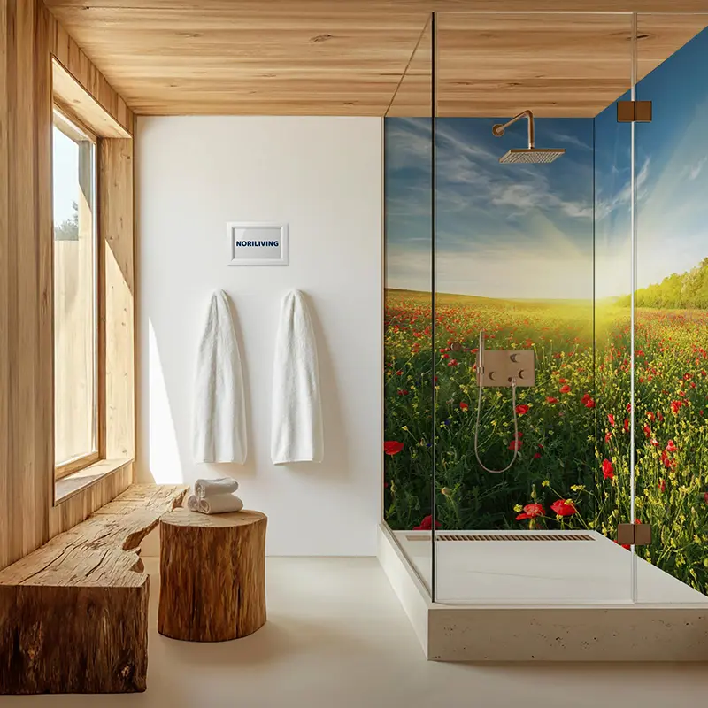 Helles Bad mit Holzbank und Glasdusche vor Mohnfeld