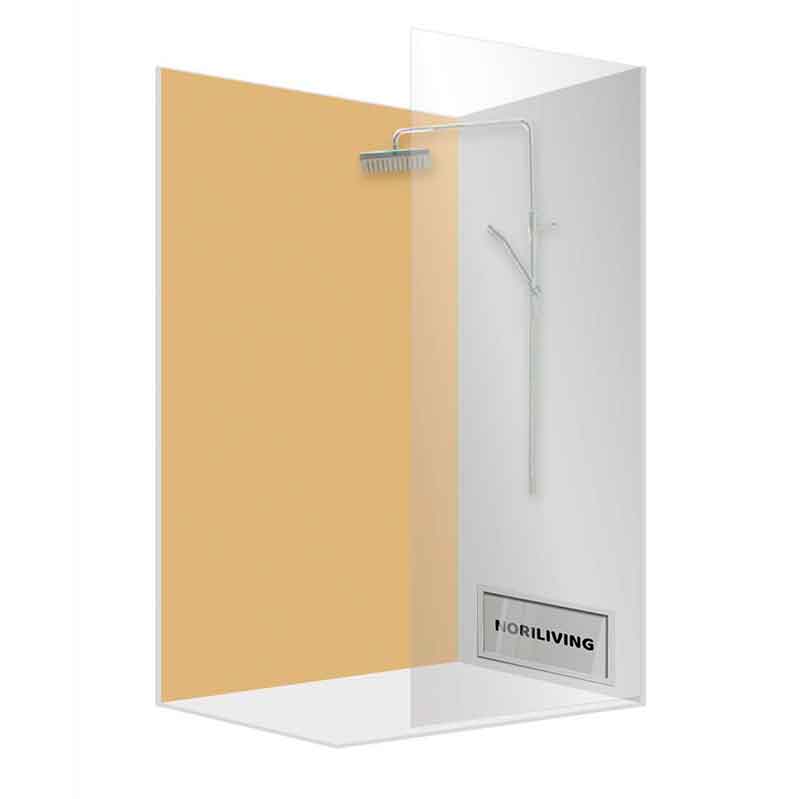 Design-Eckdusche mit transparenter Glaswand, gelbem Paneel und integrierter Regenbrause von NORILIVING