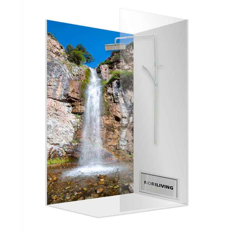 Duschkabine mit realistischem Wasserfall-Bild für natürliche Atmosphäre im Badezimmer
