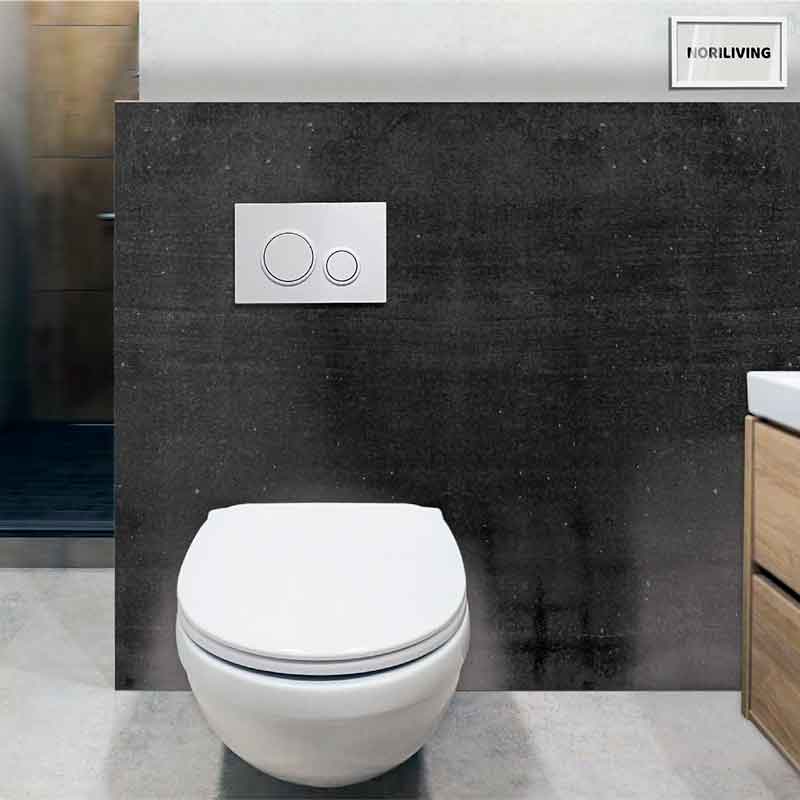 Moderne Wandtoilette mit Spülsystem Eine moderne wandhängende Toilette mit einem stilvollen Spülsystem auf dunklem Fliesenhintergrund.