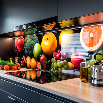 Moderne Küche mit bunter Obstglasrückwand Elegante Küchenzeile mit farbenfroher Glasrückwand aus Fruchtmotiven und Holzarbeitsplatte