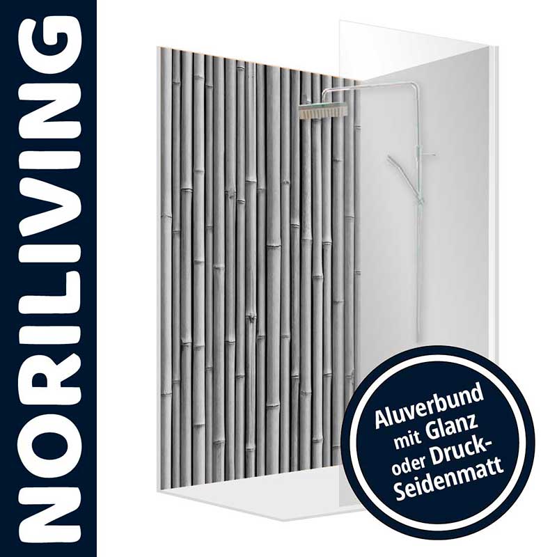 Duschrückwand mit Bambusmotiv und Aluverbund von NORILIVING, geeignet für Glanz oder Druck-Seidenmatt