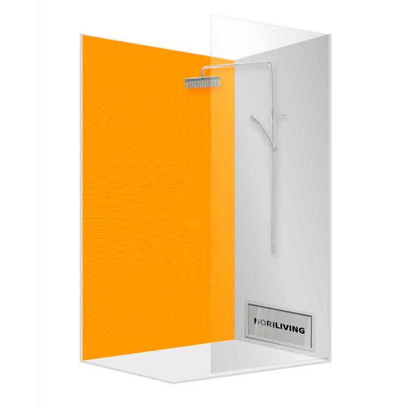 Hochwertige Duschkabine mit orangefarbener Rückwand und modernem Regenduschkopf